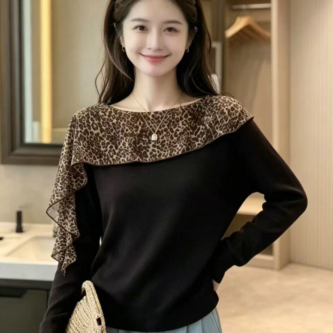 法式设计感豹纹飘带针织衫女早秋显瘦遮肉长袖上衣潮