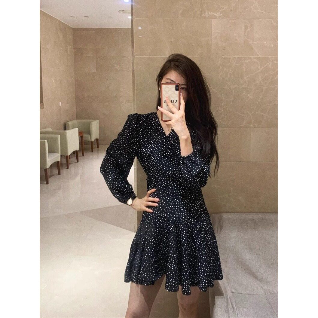 感雪纺v领a短裙连衣裙高级2026字女波点黑色长袖秋季裙子衬衫新款