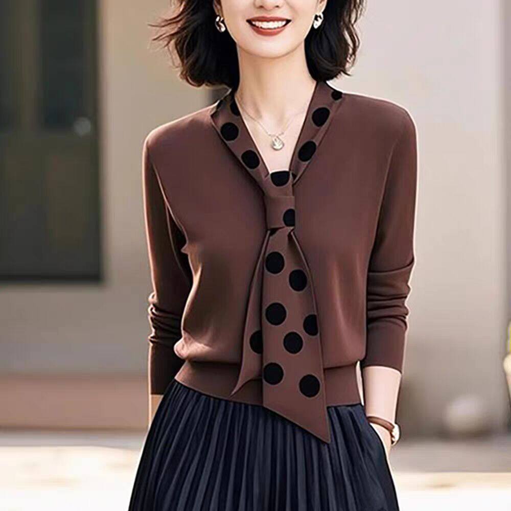 咖色波点飘带领针织衫女士秋冬高级感修身显瘦内搭长袖打底衫上衣