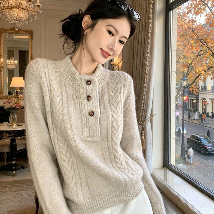 韩系高级感麻花立领毛衣女2026秋冬新款慵懒宽松针织衫上衣外穿潮