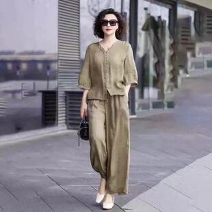 宽松版女套装2026新款夏季休闲韩版中年妈妈上衣领显阔腿裤两件套