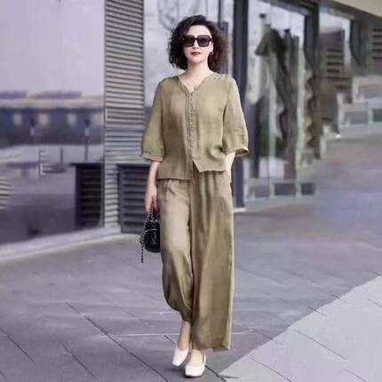 宽松版女套装2026新款夏季休闲韩版中年妈妈上衣领显阔腿裤两件套