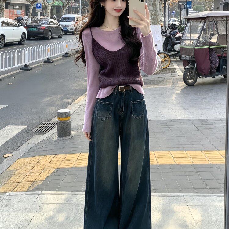 韩系穿搭一整套2026新款设计感针织毛衣上衣女阔腿牛仔裤两件套装