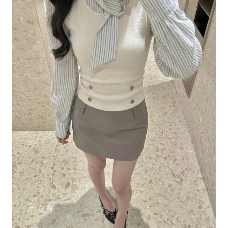 半身2026拼接假两件衬衫短裙秋季小香风条纹包臀韩系新款女两件套