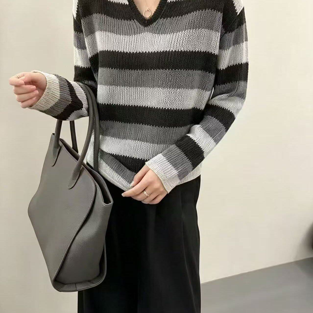 官图法式撞色条纹针织衫女韩系宽松休闲毛衣