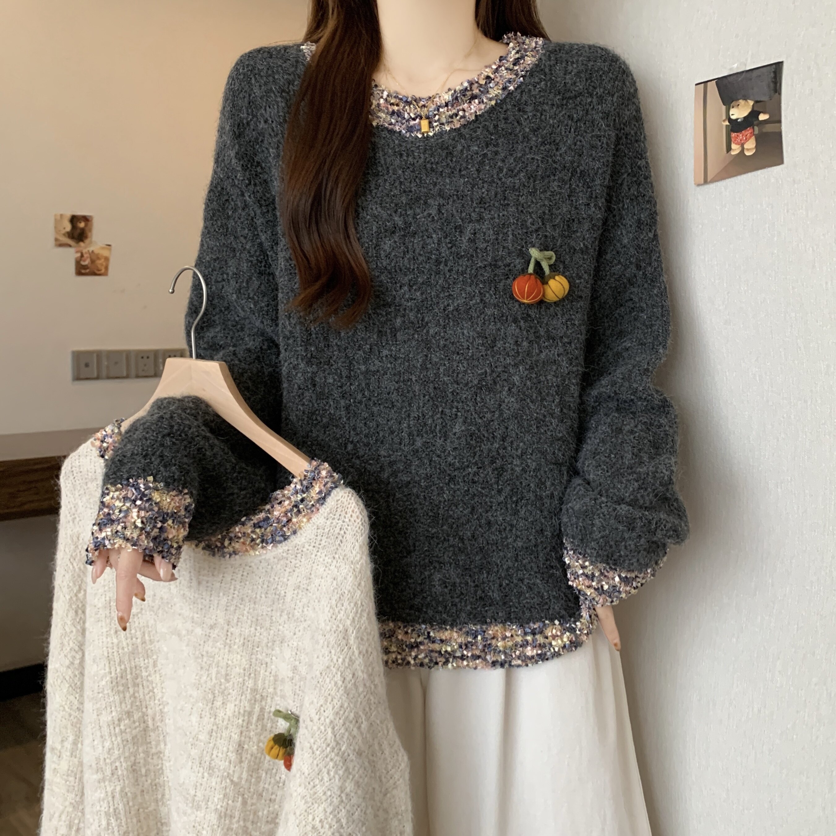 实拍韩系长袖加厚毛衣女套头2026年秋冬季宽松毛绒针织打底衫上衣