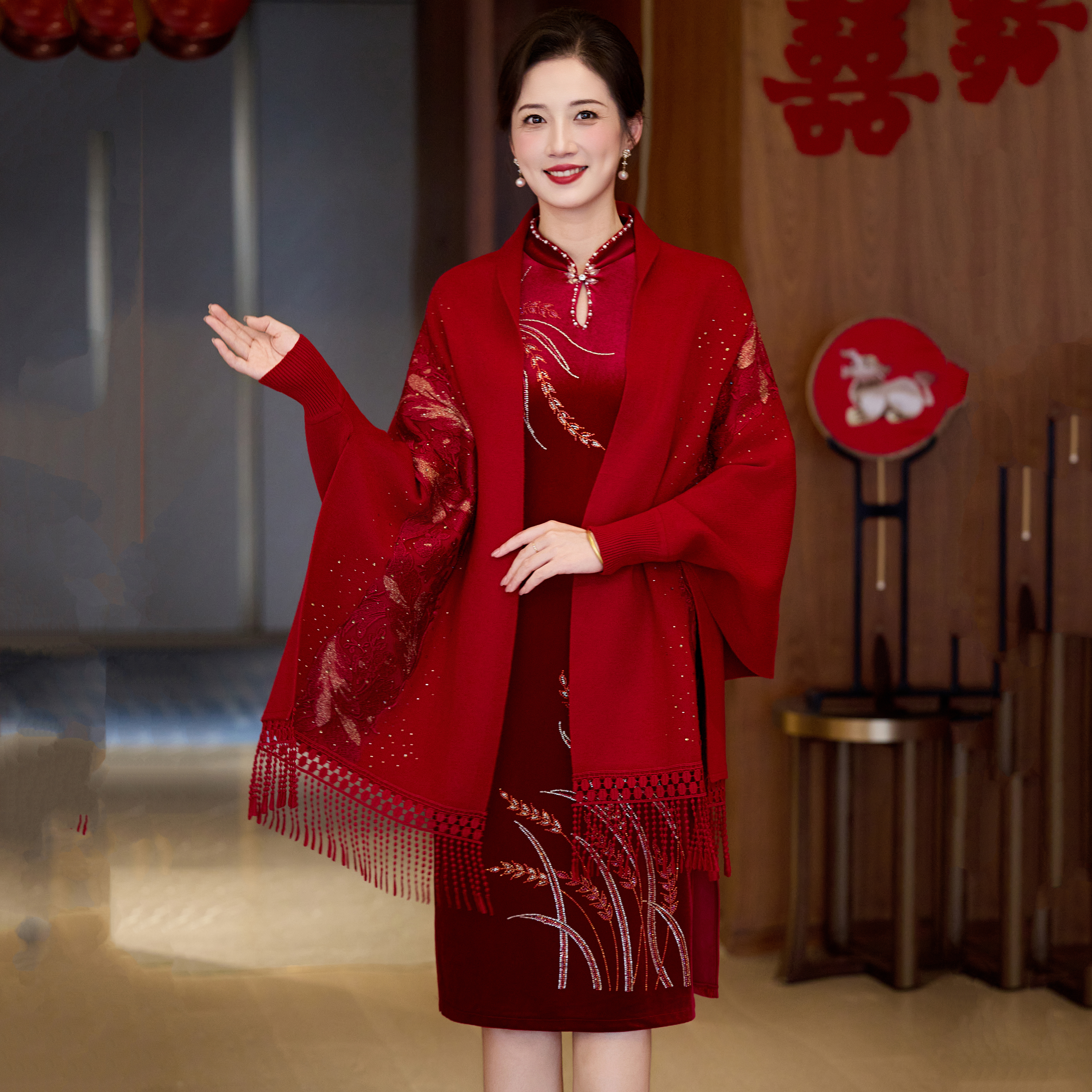 喜婆婆旗袍外搭披肩秋冬加厚