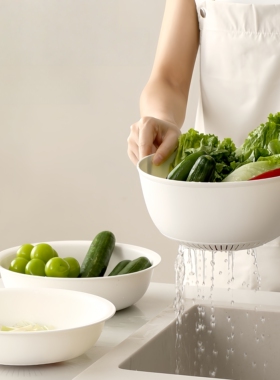 简约食品级PP沥水篮套装双层洗菜盆居家厨房多功能过滤篮白色深款