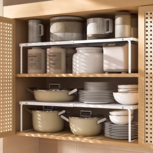 免安装可伸缩厨房橱柜分层置物架碳钢厨具收纳架柜内储物架很稳固