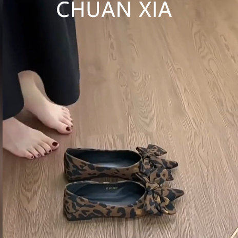 羊皮版！韩系御姐平底尖头瓢鞋女配裙子软底玛丽珍鞋豹纹真皮单鞋