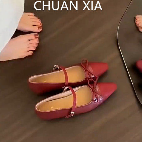 羊皮版~内增高浅口玛丽珍鞋女尖头蝴蝶结瓢鞋红色软底一字带单鞋