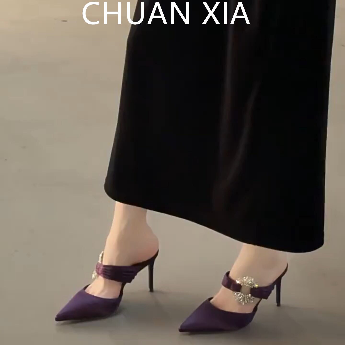 羊皮版！法式气质水钻绑带高跟鞋女绝美尖头细跟单鞋真皮包头凉鞋