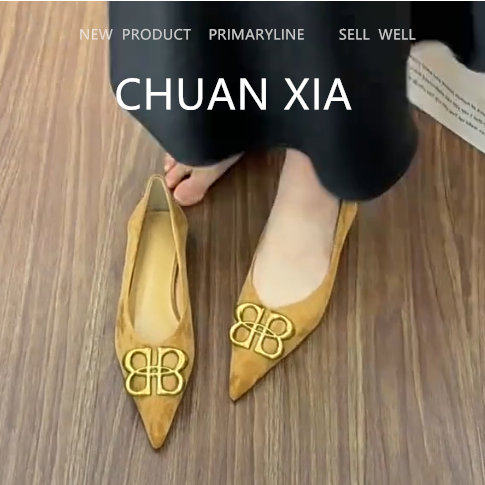 羊皮版！高级感金属扣平底单鞋女一脚蹬绒面玛丽珍鞋软底尖头瓢鞋