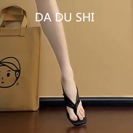 羊皮版-小众设计感夹趾凉鞋女真皮性感坡跟高跟鞋法式复古凉拖鞋