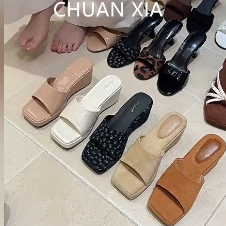 羊皮版~简约风坡跟通勤半拖鞋女配裙子厚底高跟鞋绝美露趾凉拖鞋
