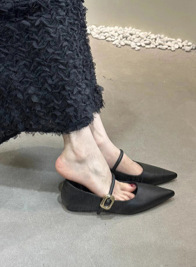 羊皮版~黑色复古单鞋女尖头一字带平底鞋法式玛丽珍鞋软底奶奶鞋