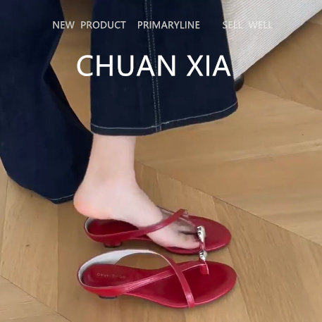 羊皮版~红色金属扣套趾凉鞋女粗跟交叉带高跟鞋真皮设计感半拖鞋