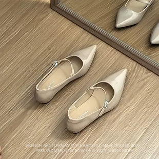 羊皮版!通勤风软底尖头单鞋女一字带真皮玛丽珍鞋内增高浅口瓢鞋
