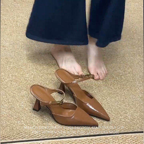 羊皮版！复古真皮尖头单鞋女简约风细跟包头凉鞋一脚蹬真皮高跟鞋