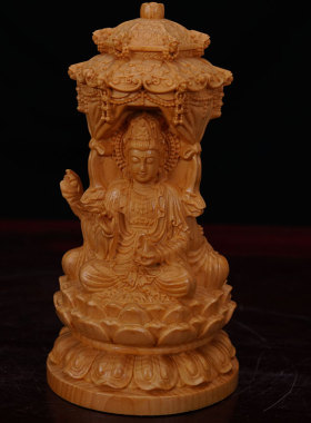 桧木木雕刻坐莲花西方三圣人物佛像三面佛礼佛家居摆件
