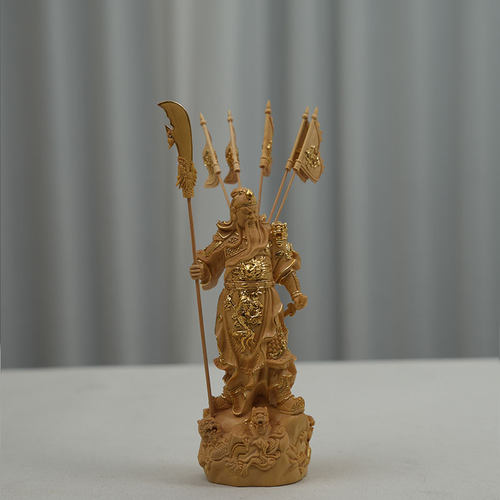 小叶黄杨木精雕描金九龙五旗关公关二爷武财神关羽摆件装饰品