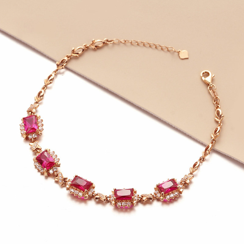 俄罗斯镀玫瑰金红色镶嵌方形手链精致时尚潮流女士手饰礼物高级感