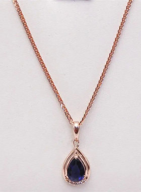 俄罗斯585紫金镶蓝宝石水滴吊坠玫瑰金镀14K奢华时尚锁骨链高级感