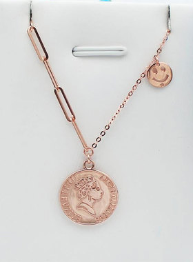 俄罗斯585紫金锁骨链镀14K玫瑰金时尚女皇笑脸圆形项链精美女礼物