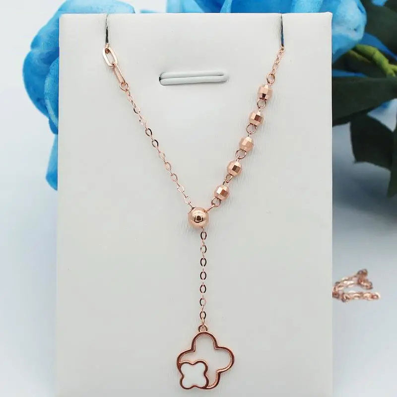 俄罗斯585紫金女款幸福草项链潮流韩版镀14k玫瑰金锁骨链简约气质