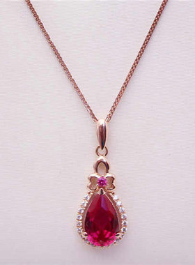 俄罗斯585紫金项链镀14K彩金玫瑰金女时尚镶嵌红宝石水滴吊坠礼物