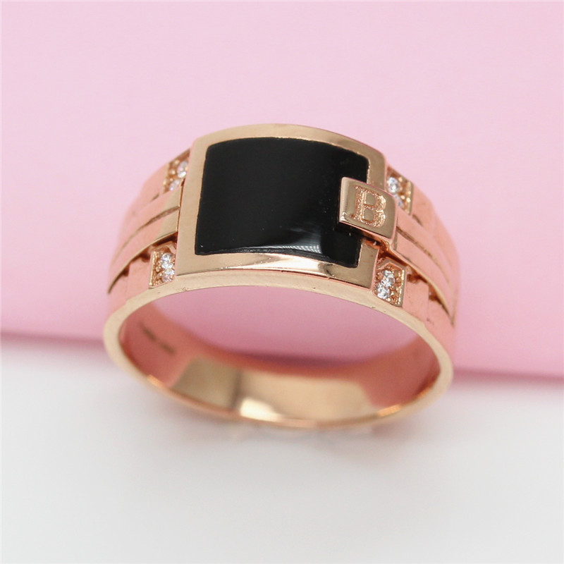 俄罗斯585紫金宽版黑色戒指玫瑰金镀14K彩金豪华个性指环轻奢时尚