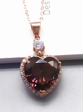 俄罗斯585紫金镀14K玫瑰金镶嵌烟色心形吊坠奢华高档豪华女款耳饰