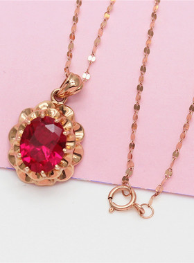俄罗斯585紫金时尚镶嵌红宝石花朵吊坠玫瑰金镀14k女款项链高级感