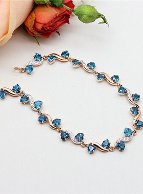 俄罗斯时尚大气女士精致高级感简约镀玫瑰金锆石蓝色爱心手链礼物