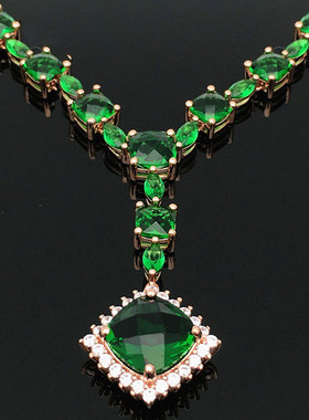 俄罗斯585紫金镀14K玫瑰金气质豪华绿石方型套链高档时尚女款礼物