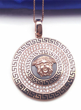 俄罗斯585紫金女士镀14K玫瑰金气质时尚大方圆形镶嵌锆石吊坠项链