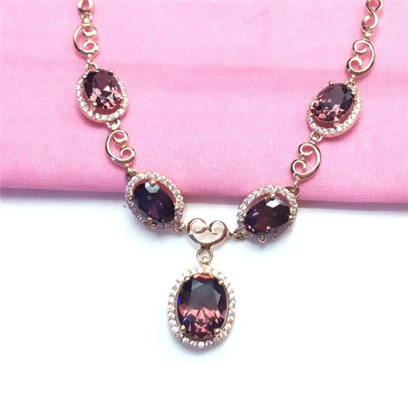 俄罗斯585紫金女士椭圆项链奢华大气镀18k玫瑰金镶嵌烟色精美套链