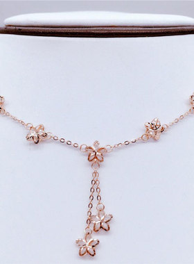 俄罗斯585紫金镀14K女精致甜美流苏花朵项链玫瑰金锁骨链生日礼物