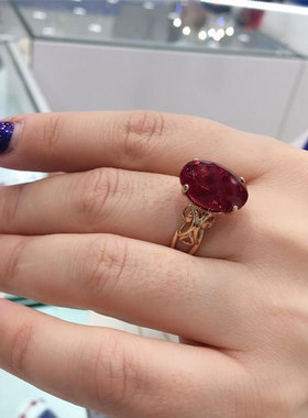 俄罗斯镀玫瑰金镶嵌椭圆红宝石时尚气质开口可调节戒指
