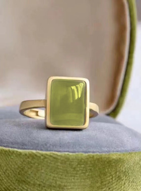 天然石头几何方形绿色方块戒指女