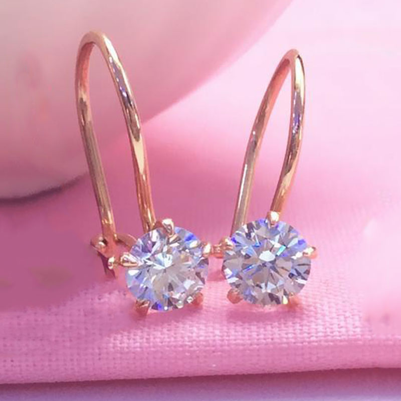 俄罗斯585紫金玫瑰金白锆石圆形耳环女款潮流气质耳饰镀14K耳饰女