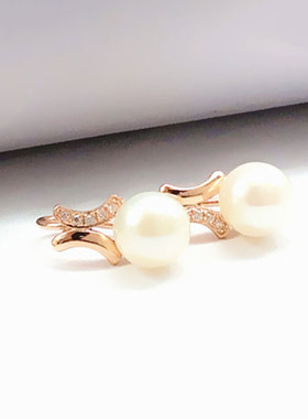 俄罗斯585紫金圆珠耳环镀18K玫瑰金彩金白色珍珠耳饰 ins时尚百搭