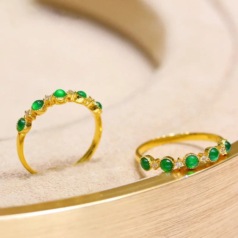 天然翡翠蛋面锆石排戒戒指轻奢女士复古风S925纯银百搭精致可调节