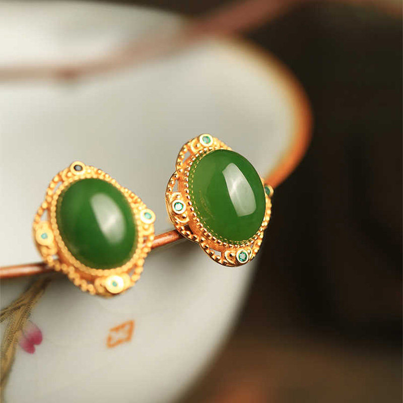 天然和田玉S925纯银碧玉耳钉女中国风玉石高级感镶玉耳饰耳环百搭