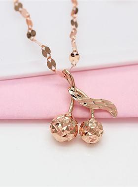 俄罗斯585紫金项链镀14K玫瑰金时尚精致樱桃吊坠轻奢风个性锁骨链