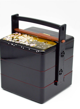 囷牌日式便携式手提野餐饭盒 点心寿司盒 三层手提烤漆塑料便当盒