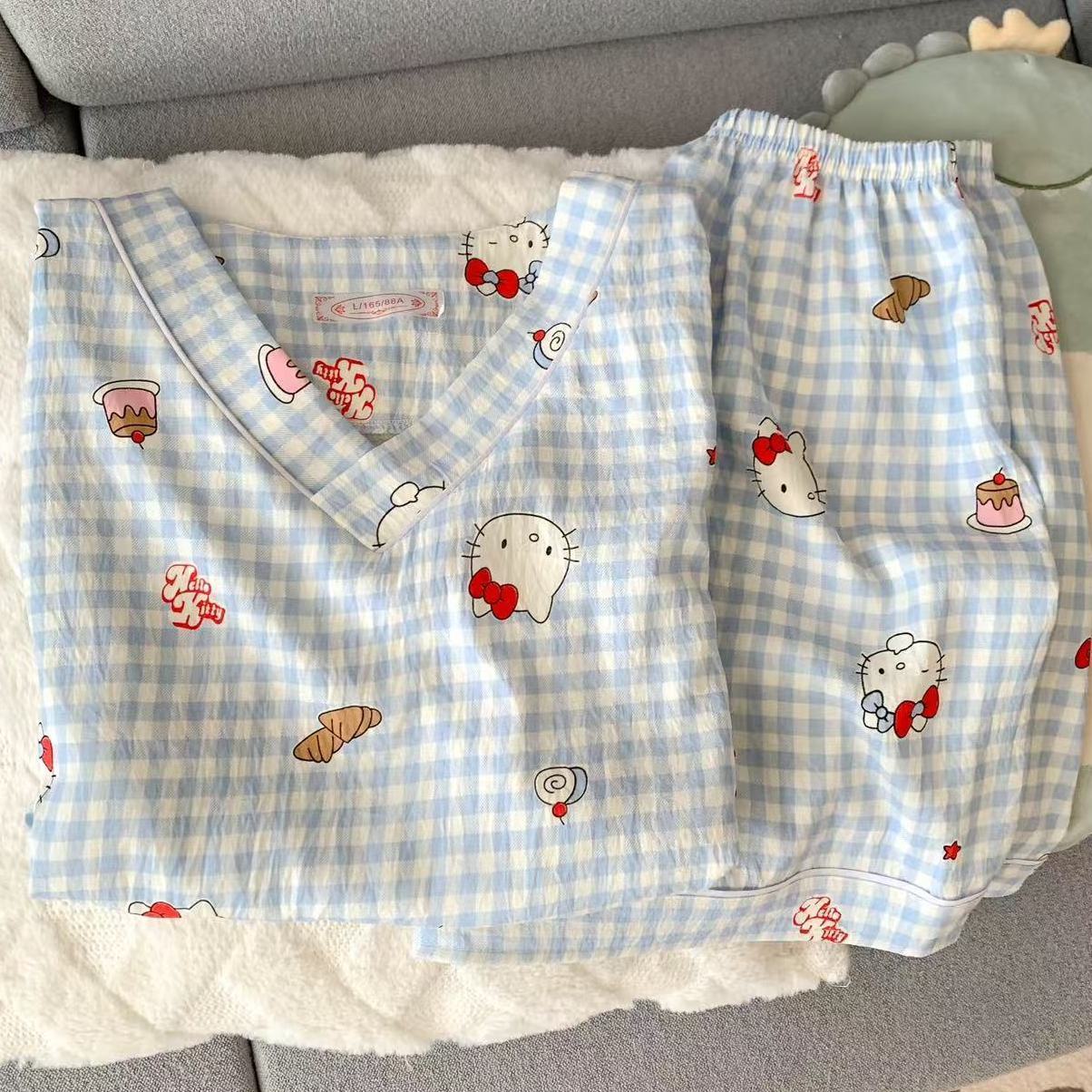 云朵棉睡衣女款夏季薄款可爱卡通KT猫纯棉短袖家居服套装夏天外穿