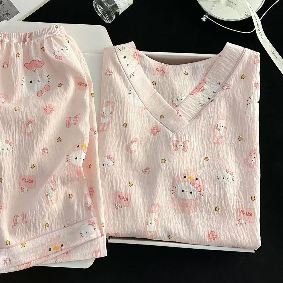 甜美睡衣夏季云朵棉短袖短裤少女V领睡衣夏天女可外穿家居服套装