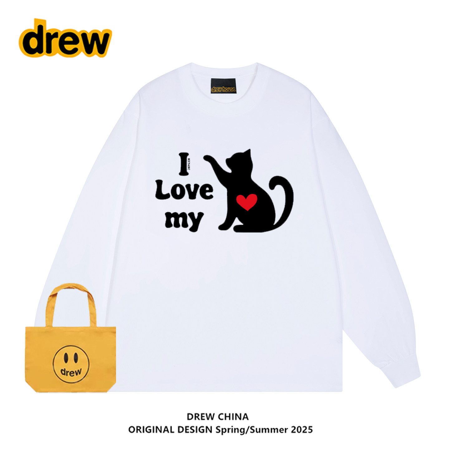 drew潮牌我爱小猫印花长袖T恤