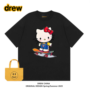 T恤男女夏季 drew潮牌hellokitty滑板猫印花短袖 宽松 方圆同款